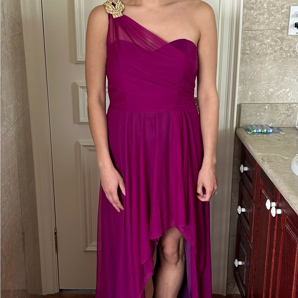Xscape Magenta One Shoulder Ruched High-Low Dress